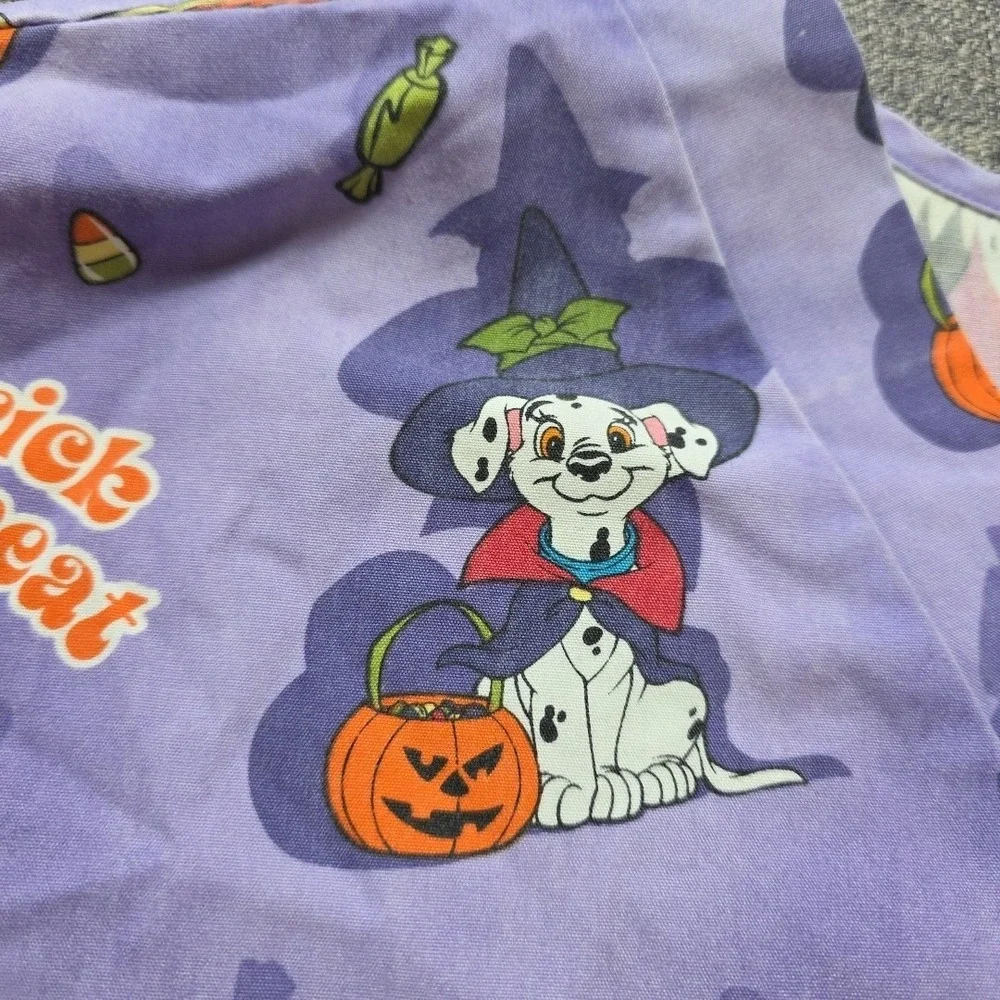 Disney Women's Scrub Top 2XHalloween Trick Treat 101 Dalmations Purple Tie